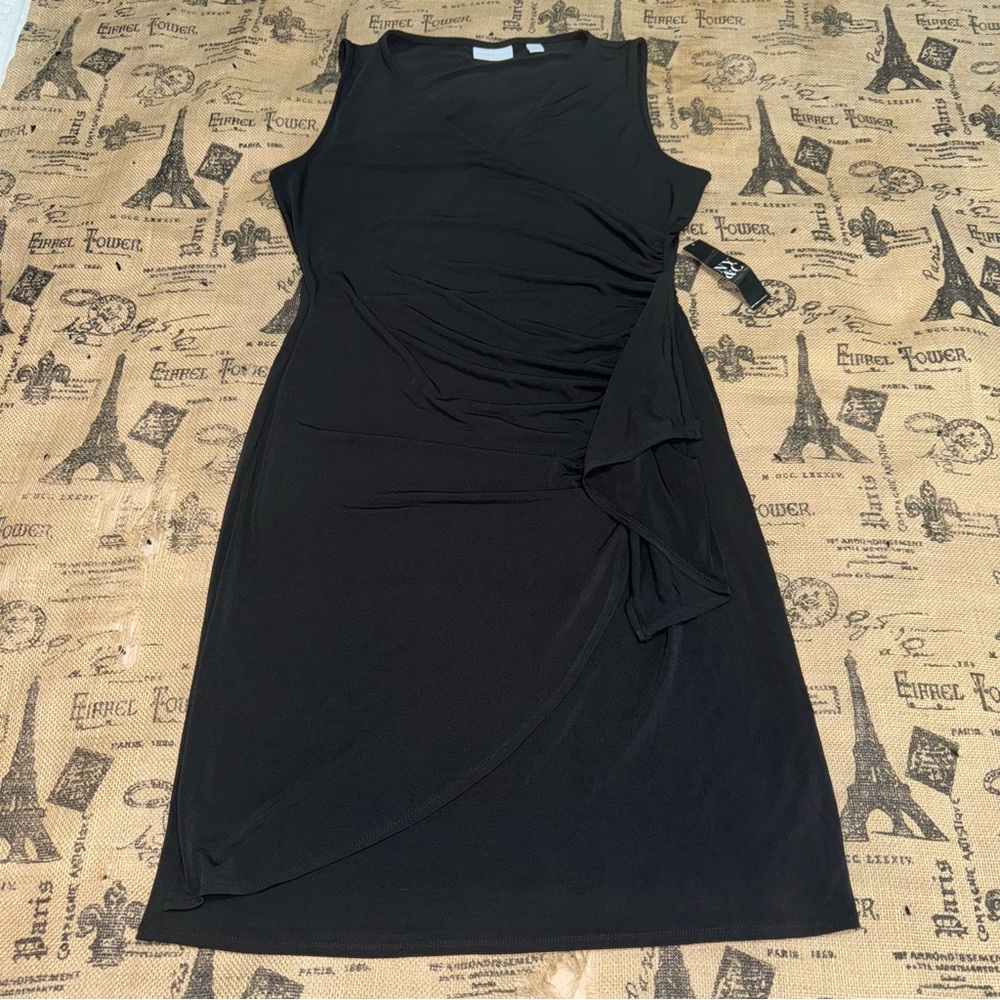 New York & Company NWT! Black Stretch Ruched Ruffle V-Neck Sleeveless Dress